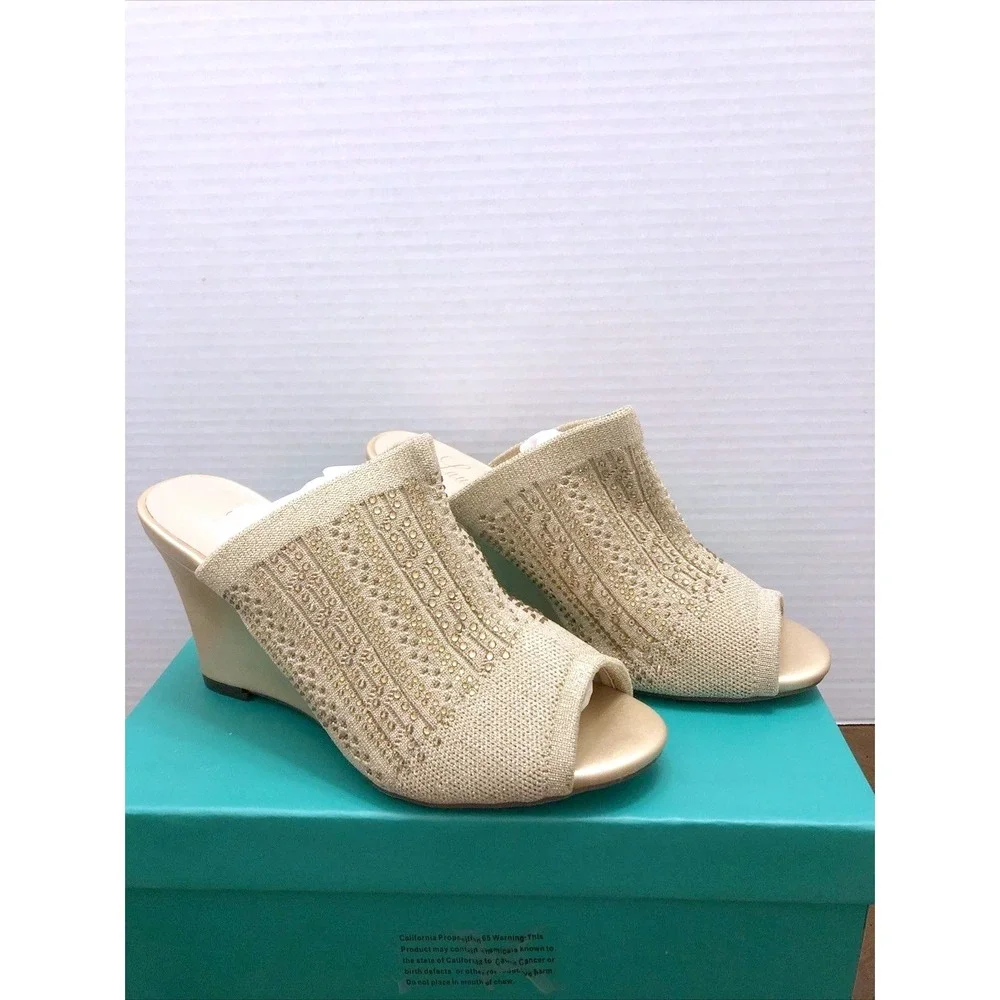 Lauren Lorraine‎ Gold Embellished Knit Open Wedge Heel Shoes Mules  Sz 6 /#S1104